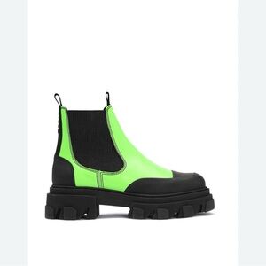 Ganni Flash Green Leather Chunky Ankle Rubber Lug Boots